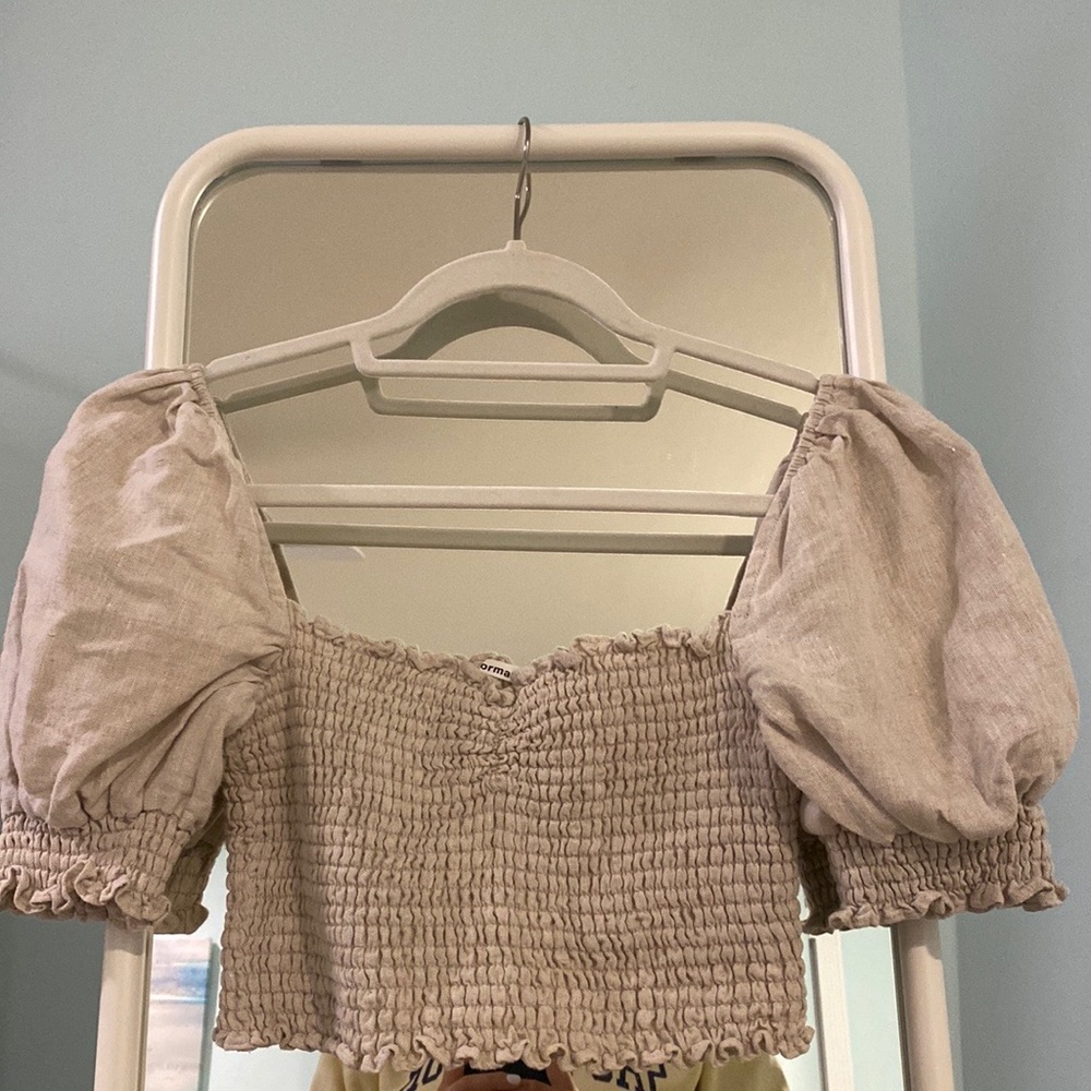 Reformation Beige Puff-Sleeve Smocked Crop Top